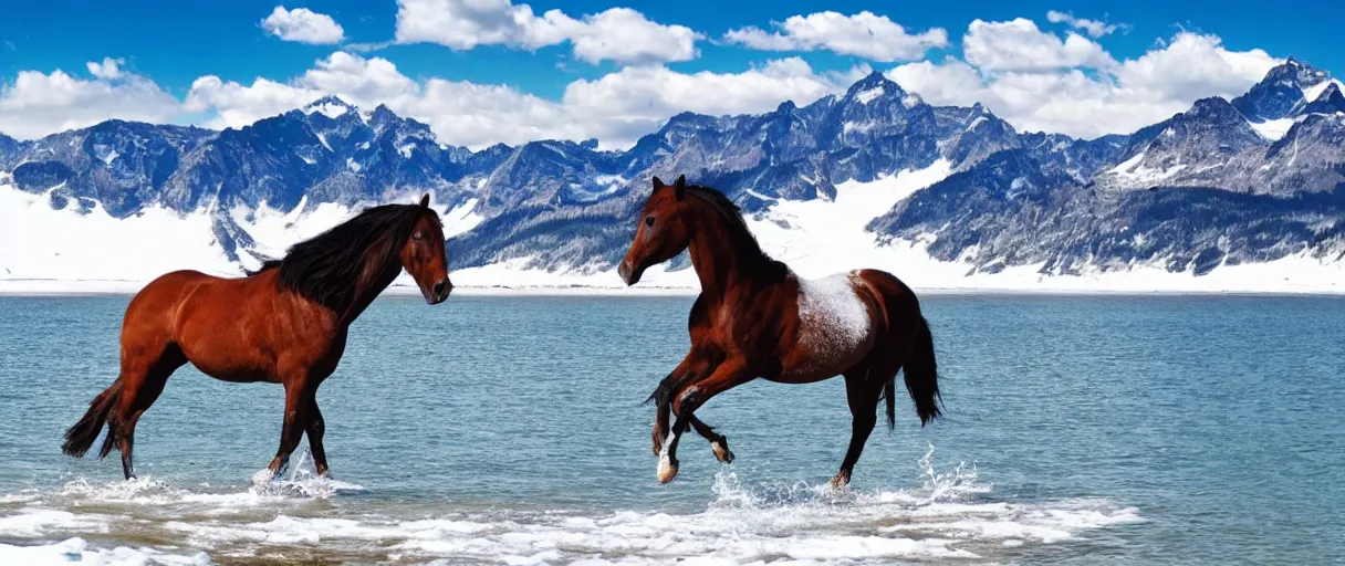 Image similar to horse swiming through large lake, snowed mountains in the background, huge view panoramic, beautiful landscape