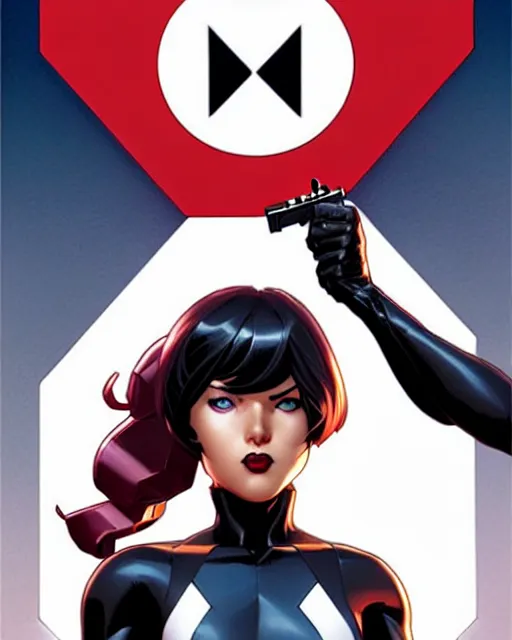 Image similar to phil noto comicbook cover art, artgerm, female domino marvel x - force, black circle spot right eye, symmetrical eyes, long red hair, full body, city rooftop