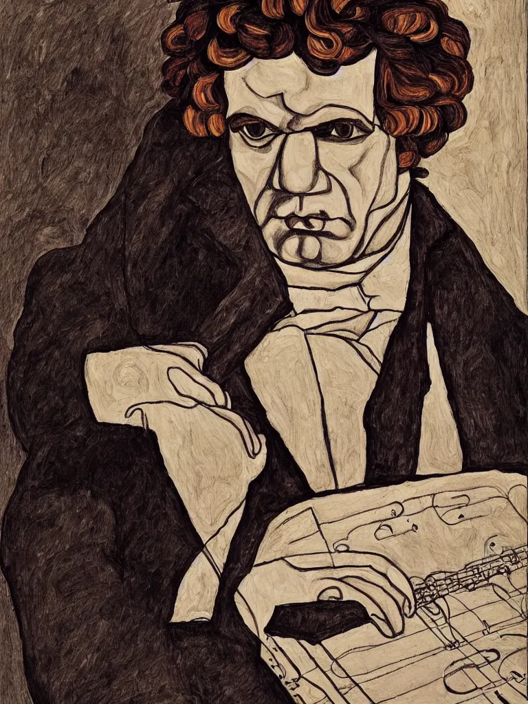 Prompt: a line art portrait of composer beethoven, inspired by the work of egon schiele.