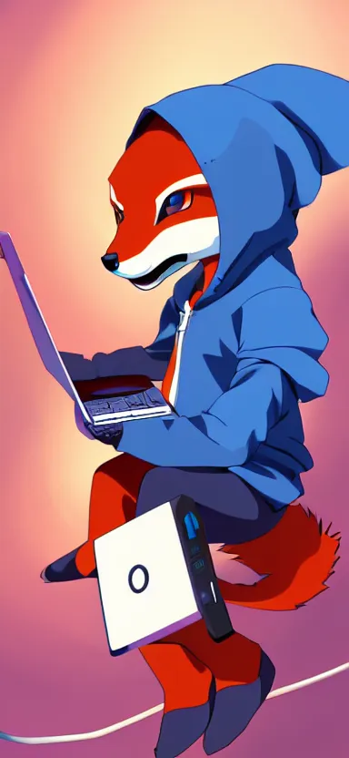 Image similar to an anime art of anthropomorphic fox in a blue hoodie hacking a portable computer, artstation, digital art, oc commission, style by riot team, high detailed, stylised