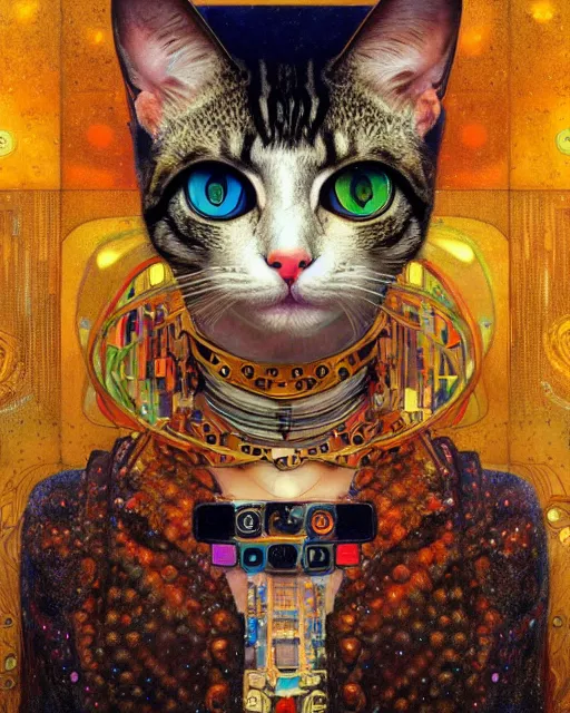 Image similar to cyberpunk cat portrait an oil painting splashes with many colors and shapes by gustav klimt greg rutkowski and alphonse mucha, polycount, generative art, psychedelic, fractalism, glitch art