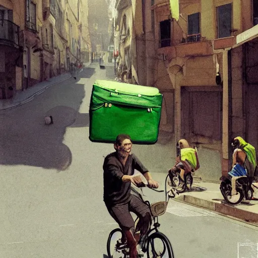 Image similar to a food delivery guy on his bicycle wearing a big green bag at the streets of Lisbon, art by Greg Rutkowski