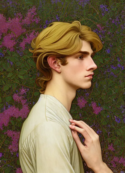 Image similar to pretty young man with shoulder length shiny shimmering golden blond hair, half body shot, emotional, decorative flower patterned background, path traced, highly detailed, high quality, digital painting, by studio ghibli and alphonse mucha, leesha hannigan, hidari, disney, jules bastien - lepage, art nouveau