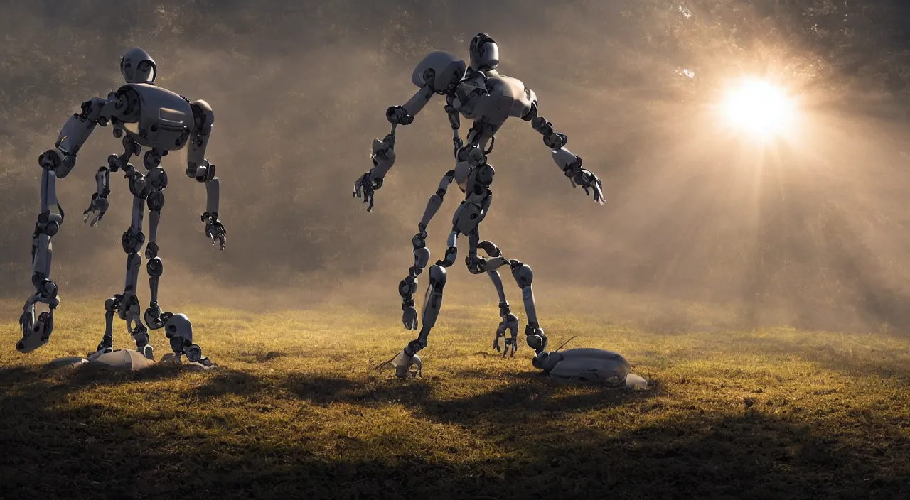 Image similar to a robot in a movie, cinematic shot, sun beams