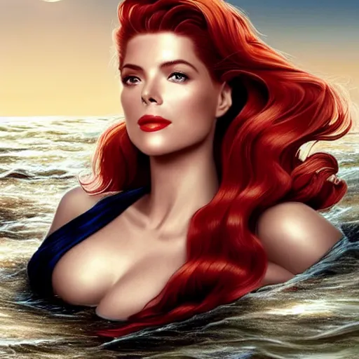 Image similar to A combination of Grace Kelly's and Katheryn Winnick's and Ashley Greene's faces with red hair as a mermaid half submerged on the beach, full body shot, western, fantasy, intricate, elegant, highly detailed, digital painting, artstation, concept art, matte, sharp focus, illustration, art by Artgerm and Greg Rutkowski and Alphonse Mucha