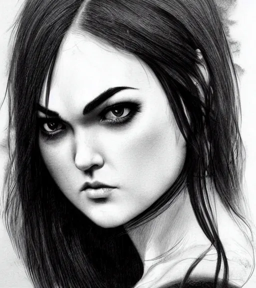 Image similar to sasha grey, beautiful piercing eyes, realistic face, black and white drawing, in the style of greg rutkowski, fantasy, amazing detail, epic, intricate, elegant, smooth, sharp focus