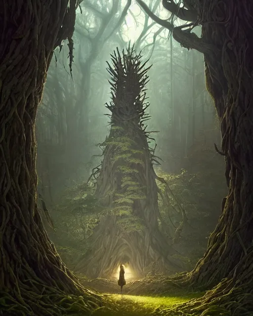 Image similar to highly detailed surreal vfx portrait of a cursed crown in a shadowy forest by a willow tree, stephen bliss, unreal engine, greg rutkowski, loish, rhads, beeple, makoto shinkai and lois van baarle, ilya kuvshinov, rossdraws, tom bagshaw, alphonse mucha, global illumination, detailed and intricate environment