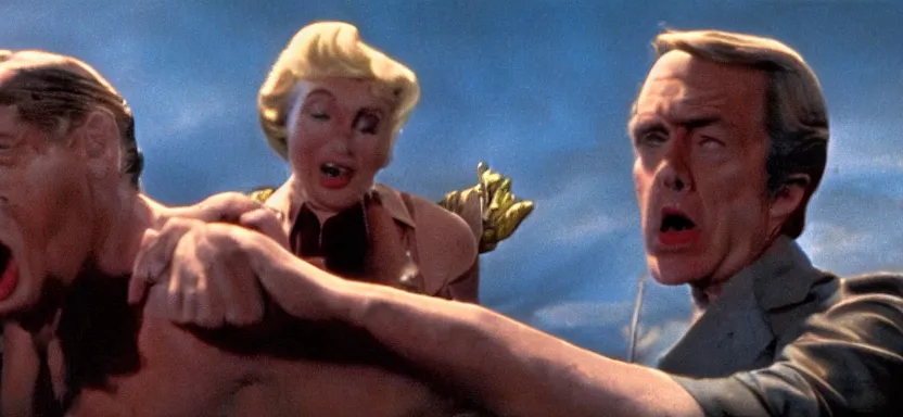 Prompt: an epic dynamic film still from a roger corman film, hyperrealistic