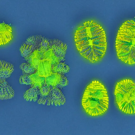 Prompt: male pollen sacks shot under uv light