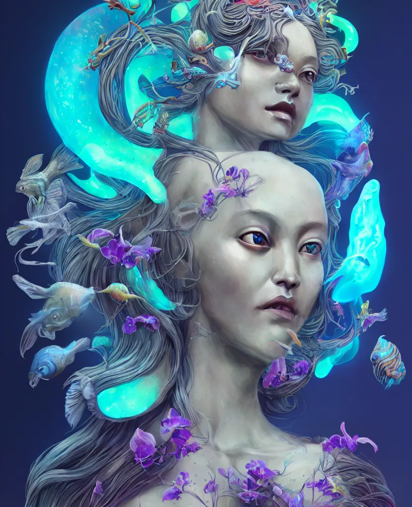 Image similar to goddess full color painted acryllic sculpture close-up portrait. orchid bird phoenix head, nautilus, skull, betta fish, bioluminiscent creatures, intricate artwork by Tooth Wu and wlop and beeple. octane render, trending on artstation, greg rutkowski very coherent symmetrical artwork. cinematic, hyper realism, high detail, octane render, 8k