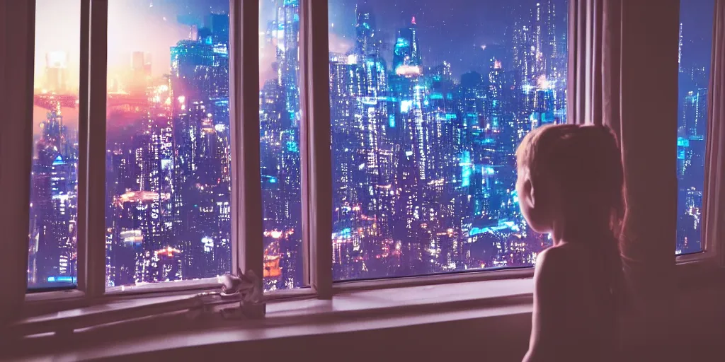 Prompt: overlooking on night city cyberpunk from floor to ceiling window, one little girl, beautiful hair at the back, looking out the window, liminal, cinematic, dreamscape