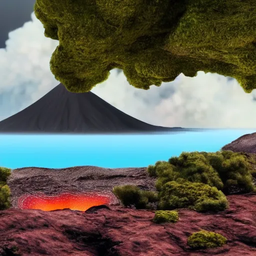 Image similar to hyper realistic surreal landscape with a active volcano on an island with flying rabbits 4 k