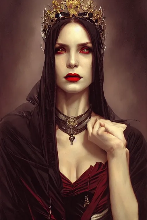 Image similar to portrait of a queen vampire, dark, piercing eyes, gentle expression, elegant clothing, photorealistic, highly detailed, artstation, smooth, sharp focus, art by michael whelan, artgerm, greg rutkowski and alphonse mucha