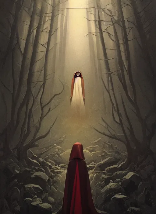 Prompt: Twin Peaks artwork Emma Watson nun about to enter the Black Lodge by Peter Mohrbacher