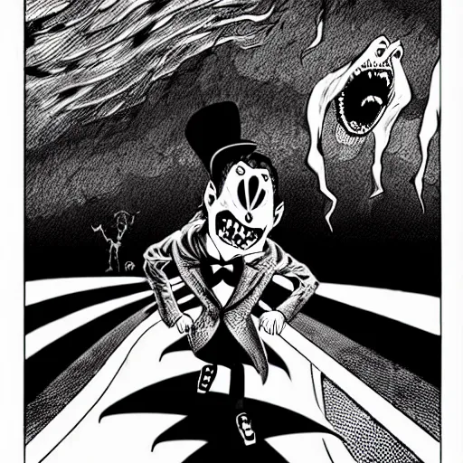 Image similar to black and white trippy comic art depiction of dracula the vampire wearing a suit and roller skating on prominently featured roller skates, zooming down the street with action lines flying past him, drawn by martin rowson, tim burton, alex pardee, nekro petros afshar, cgsociety, awesome, cool, detailed, 4 k