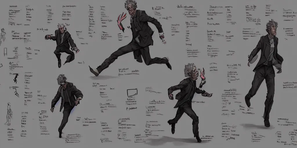 Image similar to cartoonish peter capaldi running away, character sheet, fine details, concept design, contrast, kim jung gi, greg rutkowski, trending on artstation, 8 k, full body, turnaround, front view, back view, ultra wide angle