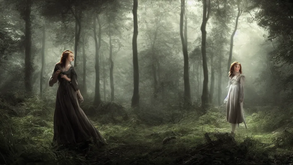 Prompt: eleanor tomlinson up close in the dark forest. andreas achenbach, artgerm, mikko lagerstedt, zack snyder, tokujin yoshioka