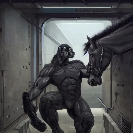 Image similar to a enormously muscled black - coated anthro horse supersoldier wearing tactical kevlar fabric in a research facility, humongous muscles, highly detailed, furry, furaffinity, digital painting, artstation, sharp focus, smooth, concept art, illustration, art by artgerm, greg rutkowski, makoto shinkai