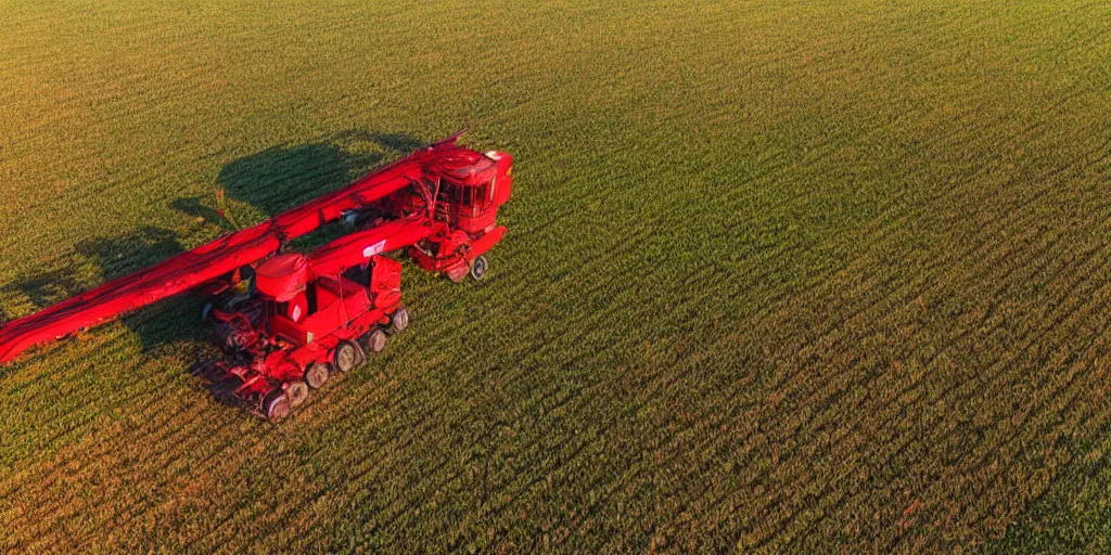 Image similar to A giant red harvester working in the corn field, aerial view, photo realistic image, 4K, super detailed, golden hour look