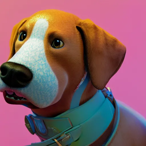 Image similar to dog character 1 1, small puppy, rich dog, high quality image, smart dog, dog with gun, 3 d render, dog in mountain, soft, concept art, intricate details, highly detailed, colorful, photorealistic, disney pixar, octane render, iridescent, anime, 8 k