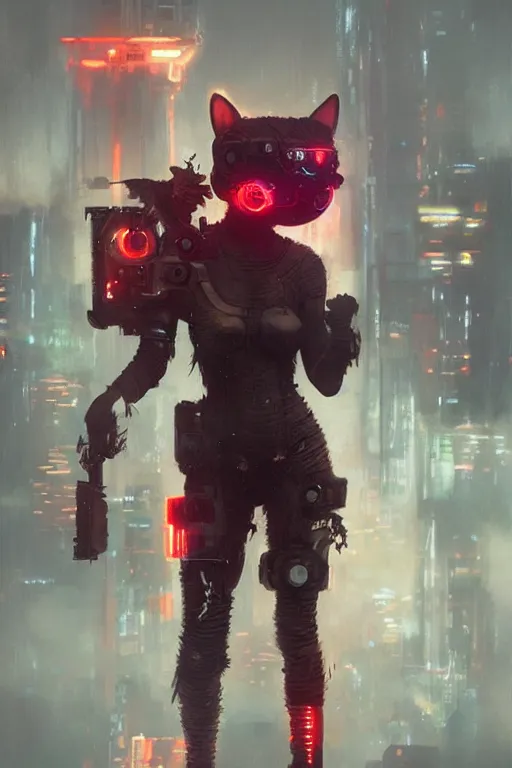 Prompt: A a very cute cyberpunk cat character, red hair, metal parts, glowing eyes, profile picture by Greg Rutkowski, Matte Painting, trending on the artstation