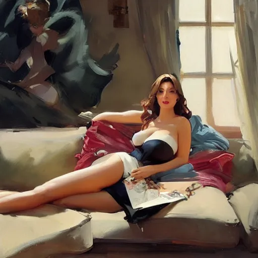 Image similar to portrait of kelly brook reclining on a couch greg manchess painting by sargent and leyendecker, studio ghibli, fantasy, medium shot, asymmetrical, intricate, elegant, matte painting, illustration, hearthstone, by greg rutkowski, by greg tocchini, by james gilleard, by joe fenton