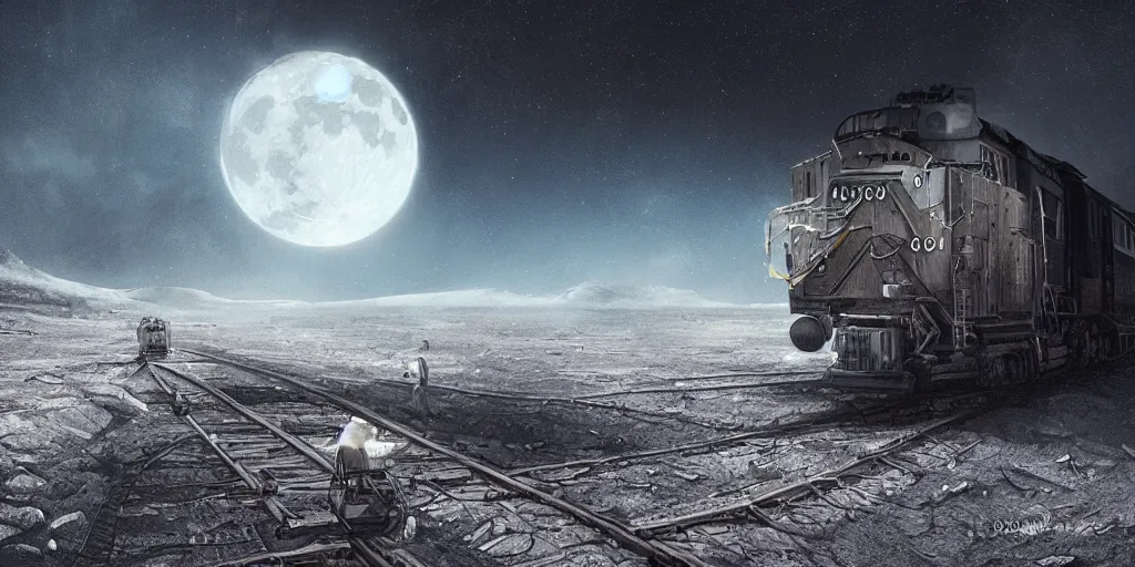 Image similar to ! dream ultra realistic illustration, an outdoor on the moon with an old broken train, lunar landscape, elegant, highly detailed, artstation, concept art, smooth, sharp focus, moody, dramatic lighting