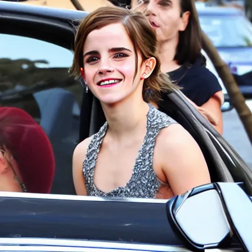 Prompt: emma watson unapologetically grinning, seen from a car window, paparazzi photo, tabloid, flash photography