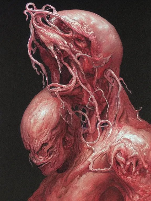 Image similar to painting by wayne barlowe of a flying sorrowful looking severed human head with tears running down it's eyes, face that is chalk white in color, with long sprawling white tentacles stemming down it's neck, fiery scorching red!!! eyes, flying in a terrying hellish dark scorching cave