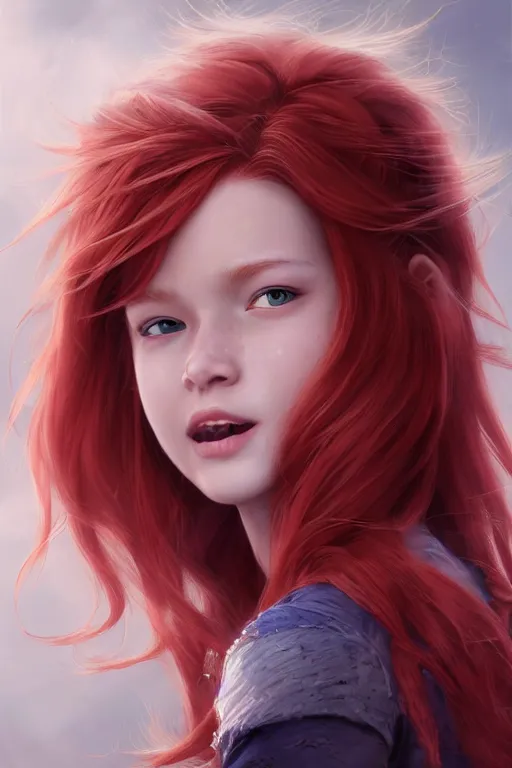 Image similar to ultra realistic style illustration of a beautiful cute red haired joyful and playful 1 9 year old teen girl ninja, full portrait, long hair, sci - fi, fantasy, intricate, elegant, digital painting, artstation, concept art, smooth, sharp focus, 8 k frostbite 3 engine, ultra detailed, art by artgerm and greg rutkowski and magali villeneuve