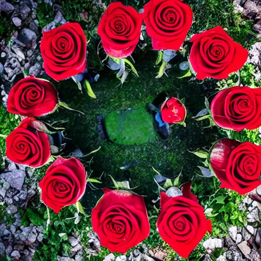 Prompt: red roses, surrounded by ashes, fisheye photo