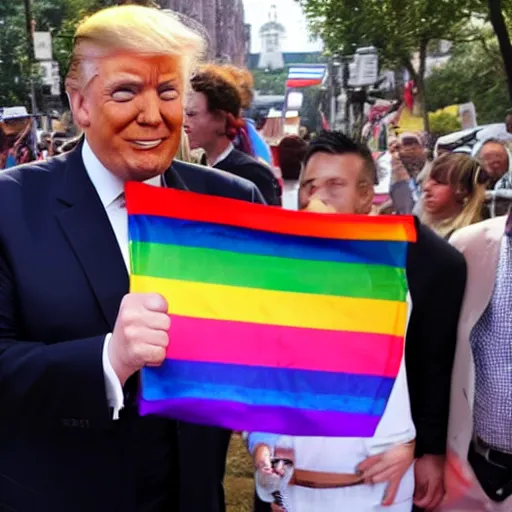 Image similar to donald trump holding up a gay pride flag