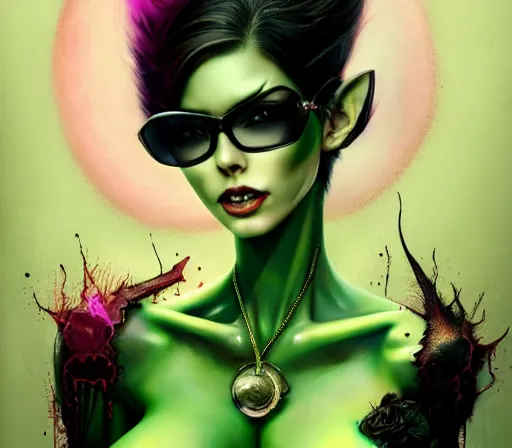 Prompt: a Demon Slayer portrait of Bayonetta , tall, pale-skinned, and slender woman with lime green eyes and long eyelashes by Stanely Artgerm,Tom Bagshaw,arthur adams,Carne Griffiths,trending on DeviantArt,street art,face enhance,chillwave,maximalist,full of color,glittering