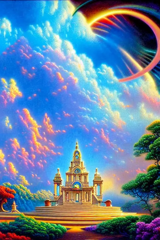 Prompt: a photorealistic detailed cinematic image of a beautiful vibrant iridescent future for human evolution, spiritual science, divinity, utopian, ornate spiral staircase cumulus clouds, ornate architecture, isometric, by david a. hardy, kinkade, lisa frank, wpa, public works mural, socialist