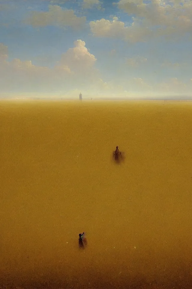 Prompt: concept art of the back view of one humanoid robot on the ground, many distant big tall buildings far away, vast wheat fields, by Ivan Aivazovsky, godrays, atmospheric, cinematic, distant world, wide angle, detailed