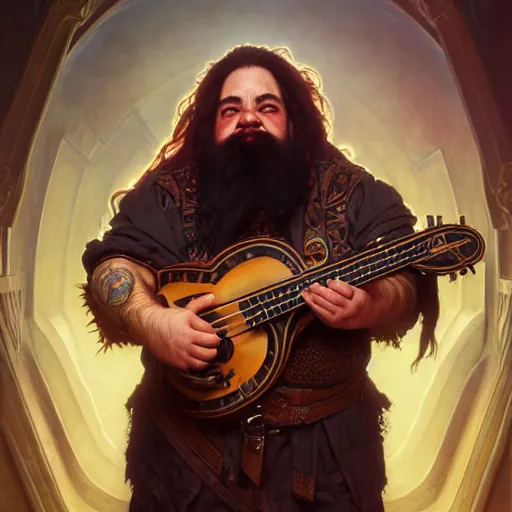 Prompt: portrait painting of dwarven bard with a badass bass, ultra realistic, concept art, intricate details, eerie, highly detailed, photorealistic, octane render, 8 k, unreal engine. art by artgerm and greg rutkowski and charlie bowater and magali villeneuve and alphonse mucha