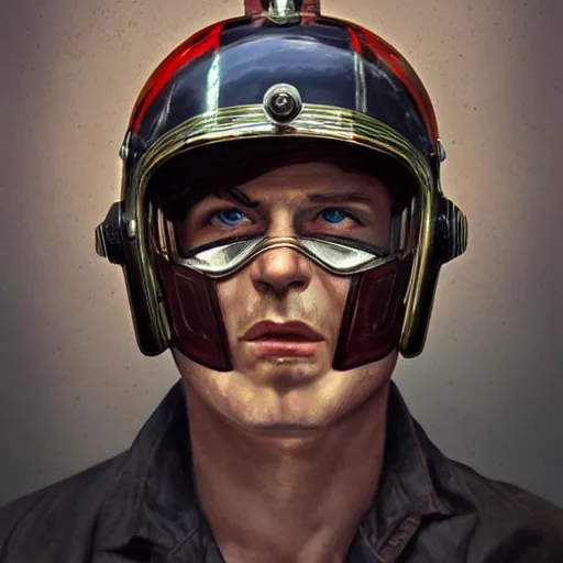 Image similar to a portrait of 1 9 2 0 man in a vintage racing helmet by sandra chevrier, detailed render, epic composition, cybernetics, 4 k realistic, cryengine, realistic shaded lighting, sharp focus, masterpiece, by matteo scalera, gary montalbano, peter elson in the style of the tokyo ghost comic