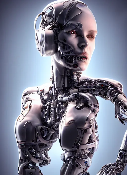 Image similar to photorealistic detailed full body picture of a female cyborg, pretty face with arms and legs and feet and hands, glamour pose, neon lights, humanoid, extreme, uhdr, book called the most influental cyborg in 2 0 5 0, fine details, highly detailed, intricate, smooth sharp focus, symmetrical features, environmental portrait, realistic render