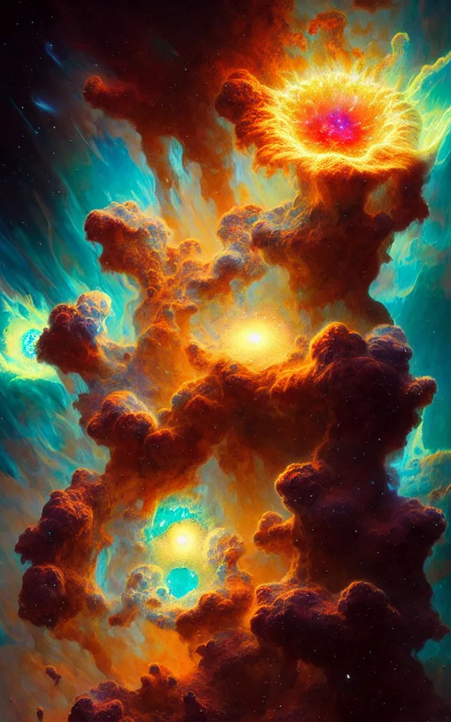 Prompt: psychedelic transcendent puffs of smoke explosion, supernova, nebulae, pillars of creation, enlightenment, high contrast lighting, highly detailed, concept art, art by collier, albert aublet, krenz cushart, artem demura, alphonse mucha