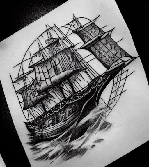 Image similar to A realistic tattoo design sketch of a pirate ship, paper background, black and white tattoo, highly detailed tattoo, shaded tattoo, hyper-realistic tattoo