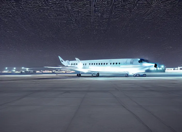 Prompt: immense futuristic jet plane arrives at runway of cyberpunk airport at night ,cinematic lighting