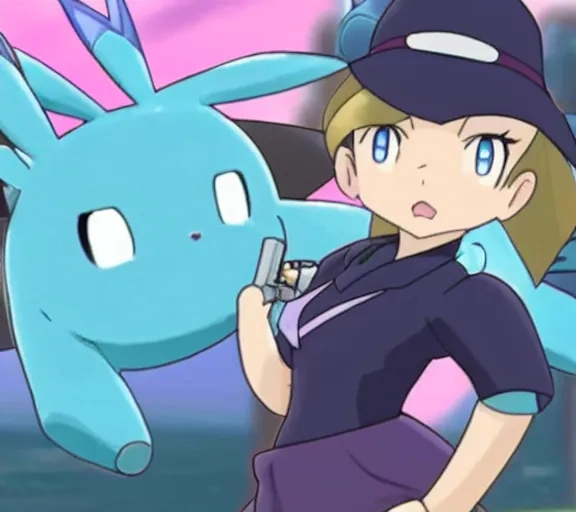 Image similar to marnie from pokemon pointing a gun at the screen