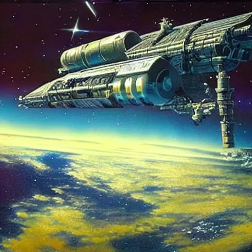 Image similar to abandoned beautiful space station floating in deep space, chris foss, terran trade authority