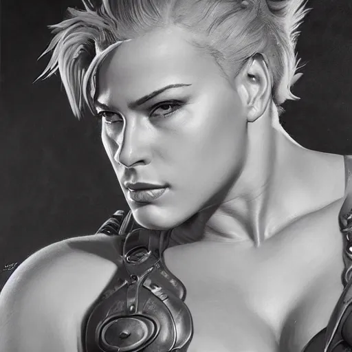 Image similar to detailed portrait of zarya from overwatch, intricate, hyper detailed, realistic, oil painting, by julie bell, frank frazetta, cinematic lighting