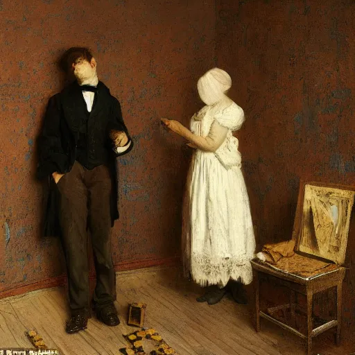 Prompt: a man and a woman solving an escape room puzzle, mysterious markings on the wall, by alfred stevens
