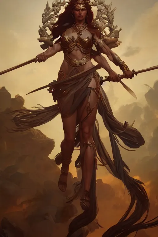 Image similar to goddess of war, accurate anatomy, only two hands, highly detailed, digital painting, artstation, concept art, smooth, sharp focus, illustration, Unreal Engine 5, 8K, art by Ross Tran and greg rutkowski and alphonse Mucha