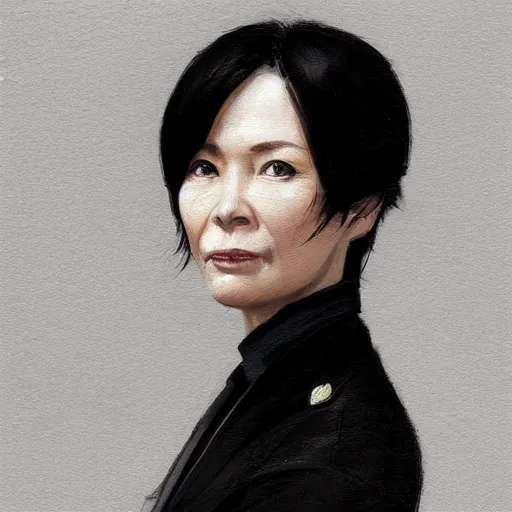 Prompt: Portrait of a woman by Greg Rutkowski, she is about 50 years old, japanese, black straight hair, attractive, elegant, airs of superiority, she is wearing black and white utilitarian jumpsuit, highly detailed portrait, digital painting, artstation, concept art, smooth, sharp foccus ilustration, Artstation HQ.