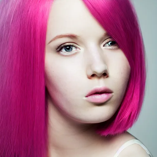 Image similar to a beautiful young woman, pink hair, Kodak portra, symmetrical face, studio lighting