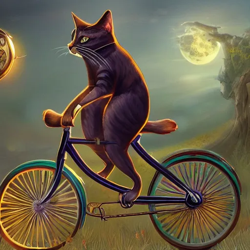 Image similar to fantasy book cover artwork of a cat riding a bicycle, ultradetailed, wallpaper, 4k, prismatic