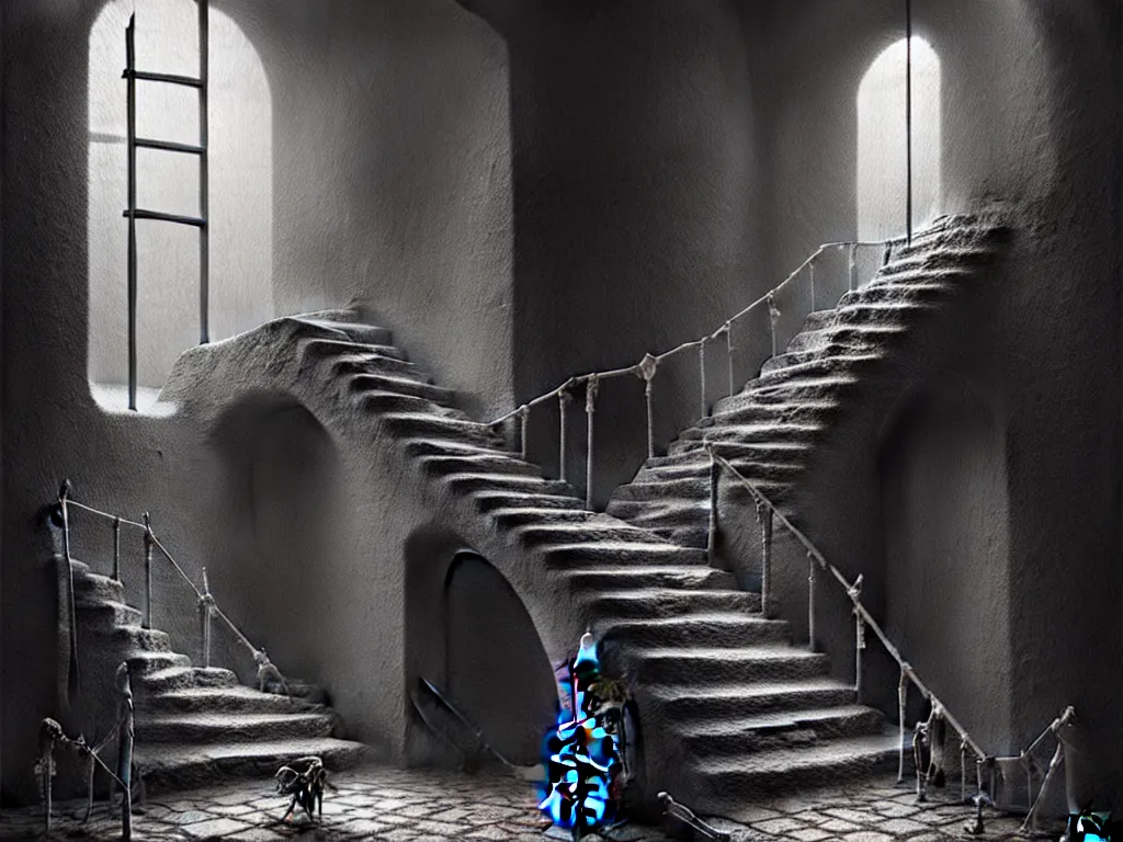 Prompt: highly detailed concept art of a staircase to nothingness with a door made of bones, an ultrafine detailed painting, trending on deviantart, neo surrealism, sharp focus, octane, masterpiece, art by miguel alandia pantoja